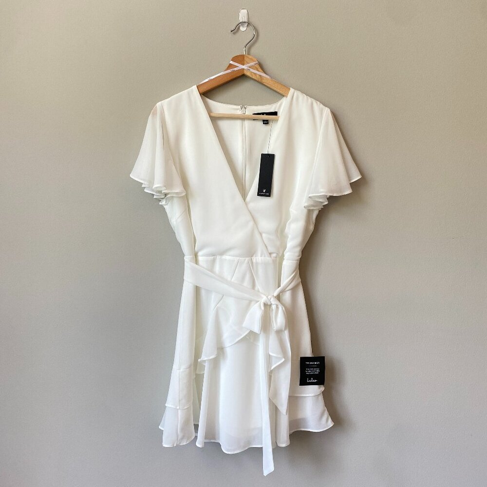 NWT Lulu's Womens Large Faux Wrap Tie Ruffle White Mini Dress Bridal Event Party